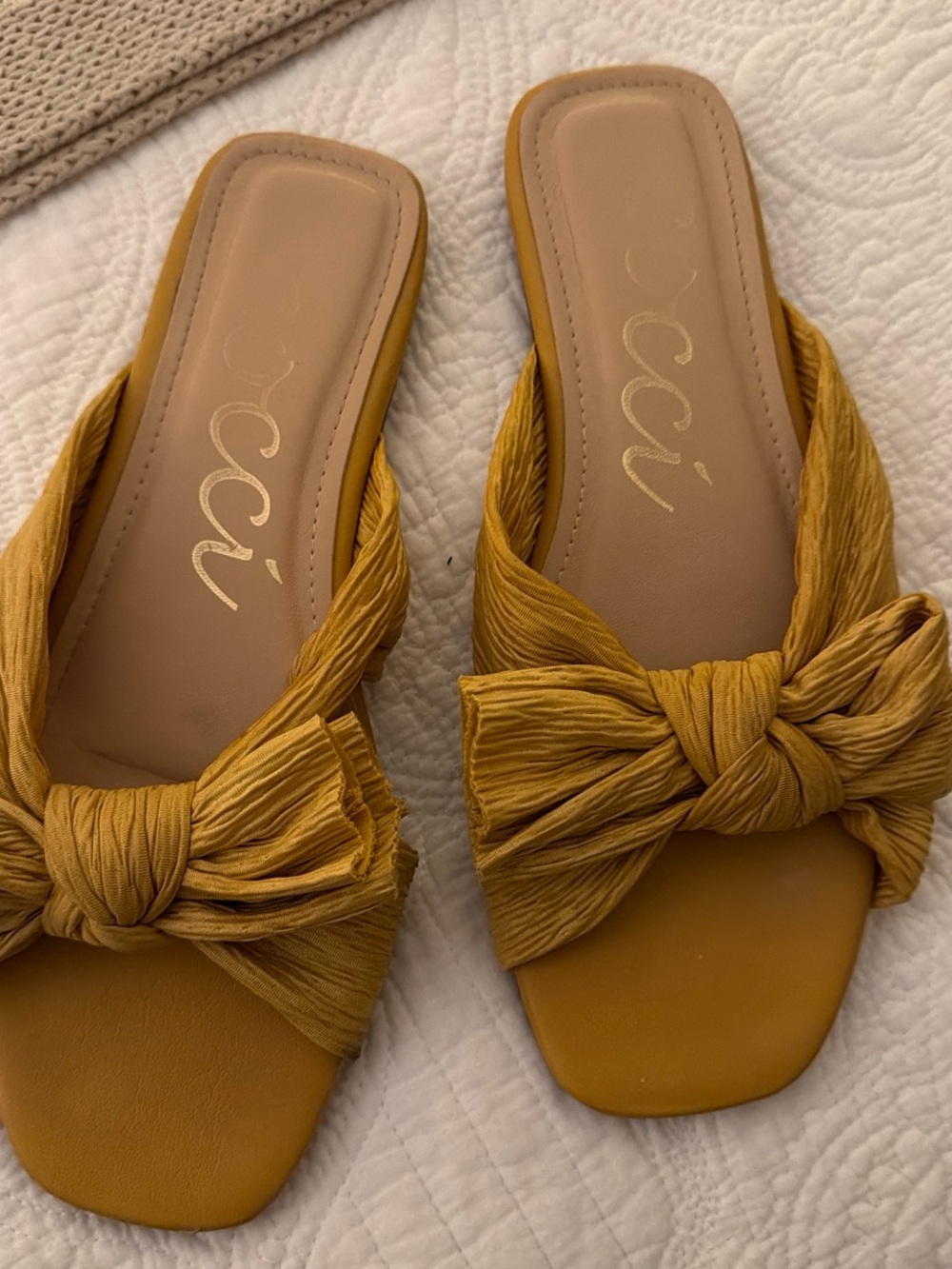 CCOCCI Mustard Yellow Knotted Bow Slide Mules